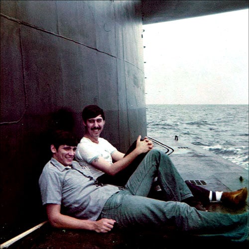 Tony Leeman and Fred Martinez on the deck of the USS Von Steuben